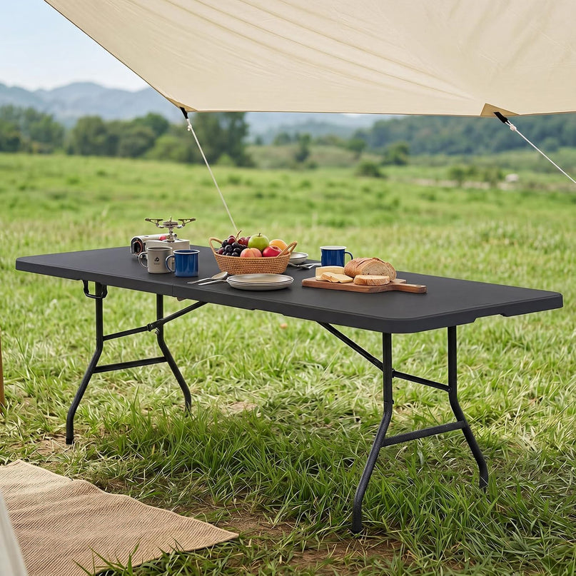 Giantex 8FT Folding Table eavy Duty Fold-in-Half Portable HDPE Plastic Table with Handle & Locks