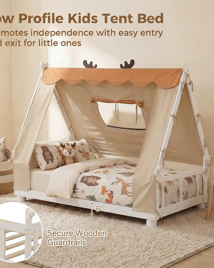 Giantex Twin Floor Bed for Kids, House Wood Bed Frame with Tent
