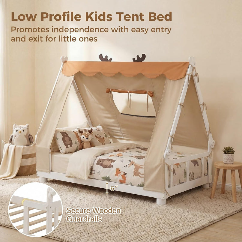 Giantex Twin Floor Bed for Kids, House Wood Bed Frame with Tent