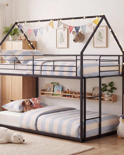 Giantex House-Shaped Twin Over Twin Metal Bunk Bed with Safety Guardrail & Roof