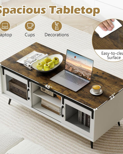 Giantex 48" Farmhouse Coffee Table with Sliding Doors