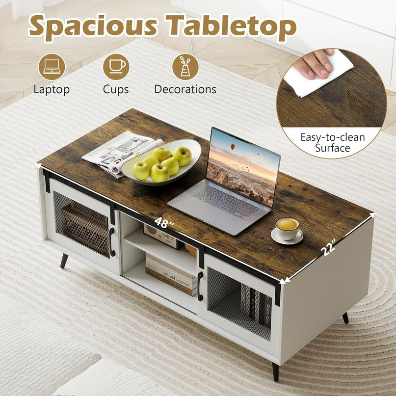 Giantex 48" Farmhouse Coffee Table with Sliding Doors