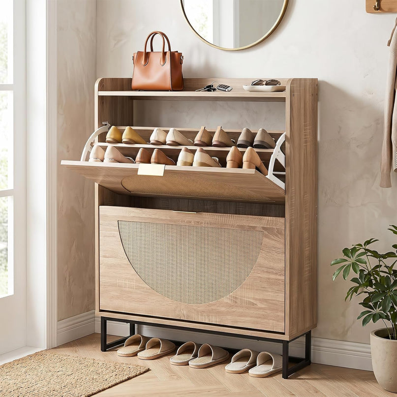 Giantex Faux Rattan Hidden Entryway Shoe Storage Cabinet with 2 Flip Drawers