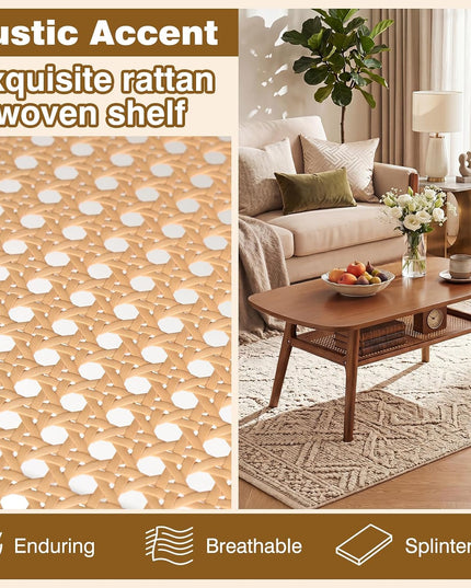 Giantex Rattan Coffee Table, 39.5" Wood Center Table with Storage & Solid Rubber Wood Legs