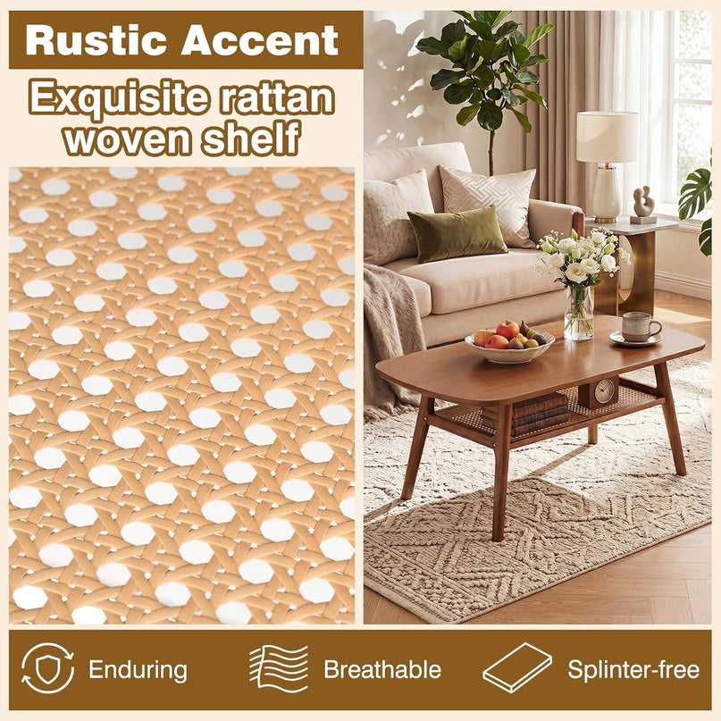 Giantex Rattan Coffee Table, 39.5" Wood Center Table with Storage & Solid Rubber Wood Legs