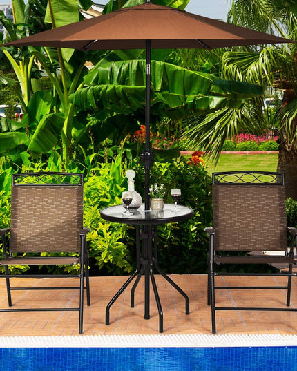 Giantex Patio Dining Set Round Glass Table with 2 Patio Folding Chairs(Brown)