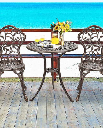 3 Piece Bistro Set Cast Leaf Design Antique Outdoor Patio Furniture Weather Resistant Garden Round Table and Chairs (Leaf Design) - Giantexus