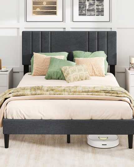Giantex Modern Upholstered Platform Bed Frame with Vertical Channel Tufted Headboard