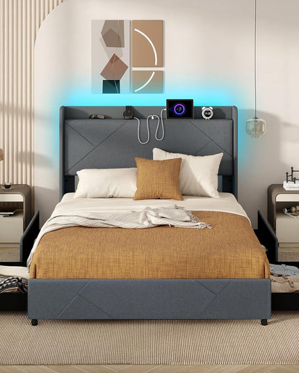 Giantex Full/Queen Size Bed Frame with 4 Storage Drawers & LED Lights, Headboard & Charging Station, Wooden Slats, Easy Assembly, Grey