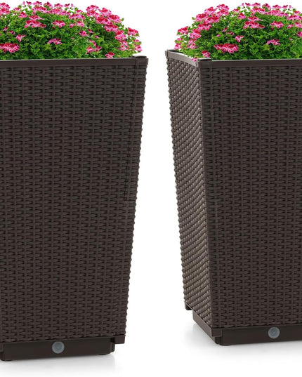 Giantex Outdoor Wicker Flower Pot Set of 2, 22.5” Tall Planters with Drainage Hole, Self-Watering Tray