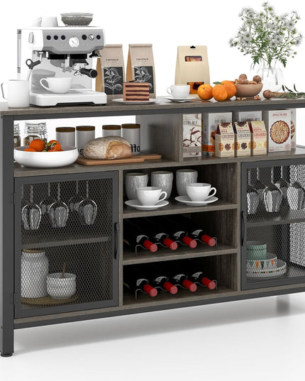 Giantex Coffee Bar Cabinet for Liquor and Glasses, 55” Buffet Sideboard with 8-Bottle Wine Racks, 6 Rows of Wine Glass Holders