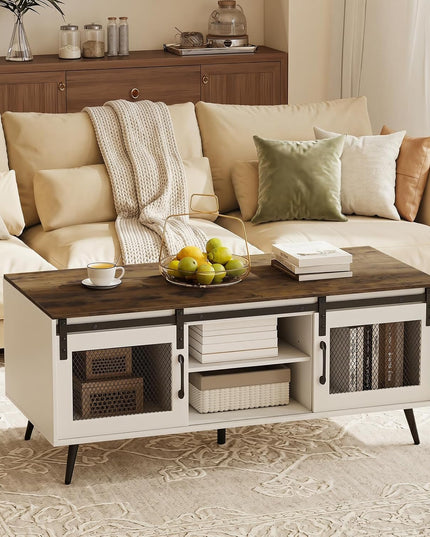 Giantex 48" Farmhouse Coffee Table with Sliding Doors
