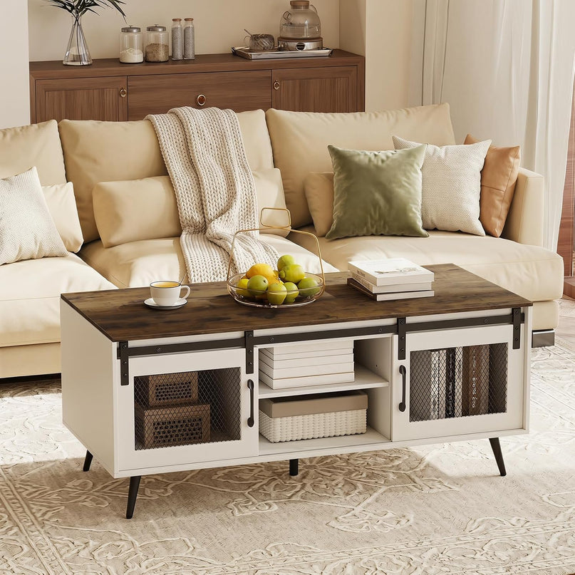 Giantex 48" Farmhouse Coffee Table with Sliding Doors