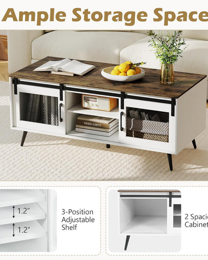Giantex 48" Farmhouse Coffee Table with Sliding Doors