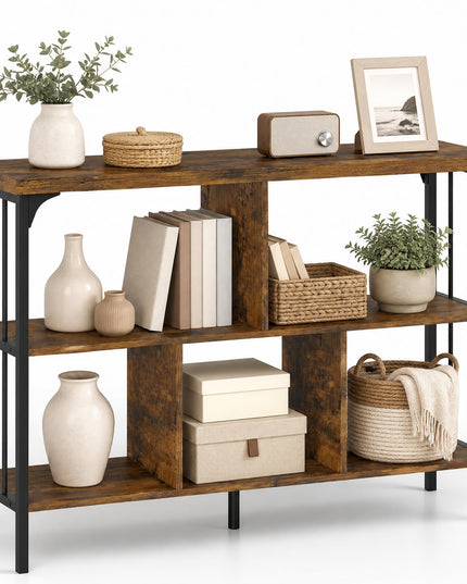 GIANTEX 3-Tier Industrial Low Wide Bookshelf w/ 5 Cube Storage Organizer