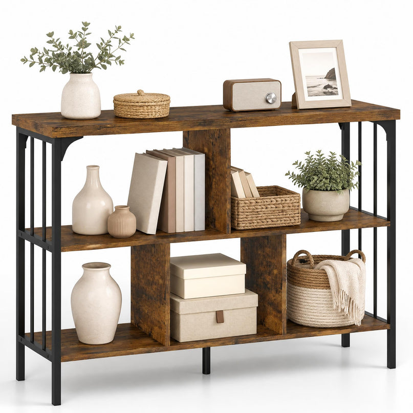 GIANTEX 3-Tier Industrial Low Wide Bookshelf w/ 5 Cube Storage Organizer