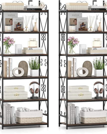 Giantex 6-Tier Industrial Bookcase with Scrollwork Metal Frame & 2 Anti-Tipping Kits