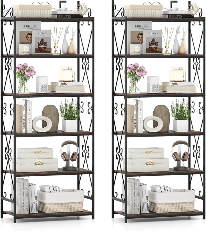 Giantex 6-Tier Industrial Bookcase with Scrollwork Metal Frame & 2 Anti-Tipping Kits