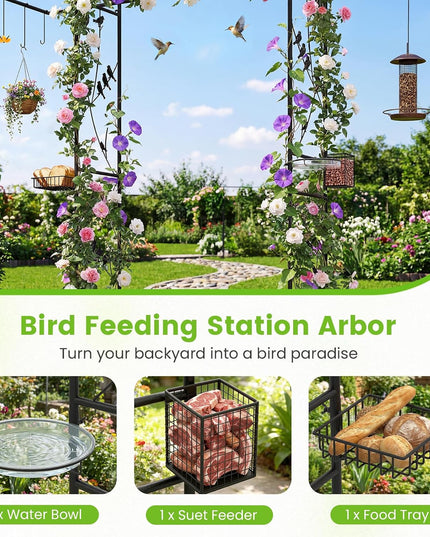 Giantex 213 cm Garden Arbor Feeding Station, Heavy-Duty Arch Trellis w/Water Bowl, Mesh Tray, Suet Feeder & Hanging Kit for Attracting Wild Birds & Supporting Climbing Plants, Tall Outdoor Archway