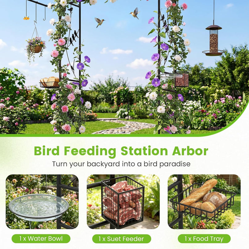 Giantex 213 cm Garden Arbor Feeding Station, Heavy-Duty Arch Trellis w/Water Bowl, Mesh Tray, Suet Feeder & Hanging Kit for Attracting Wild Birds & Supporting Climbing Plants, Tall Outdoor Archway