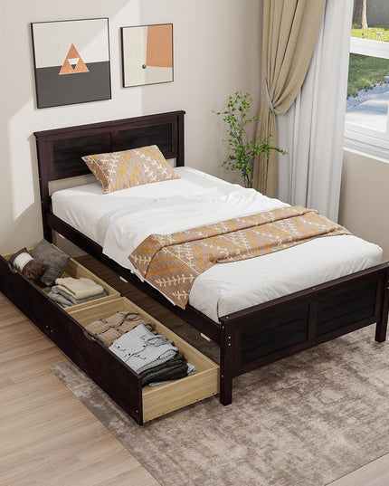Giantex Wood Full Size Bed Frame with 2 Storage Drawers, Solid Wood Platform Bed with Headboard