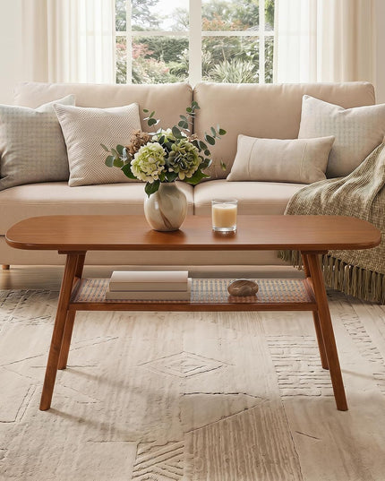Giantex Rattan Coffee Table, 39.5" Wood Center Table with Storage & Solid Rubber Wood Legs