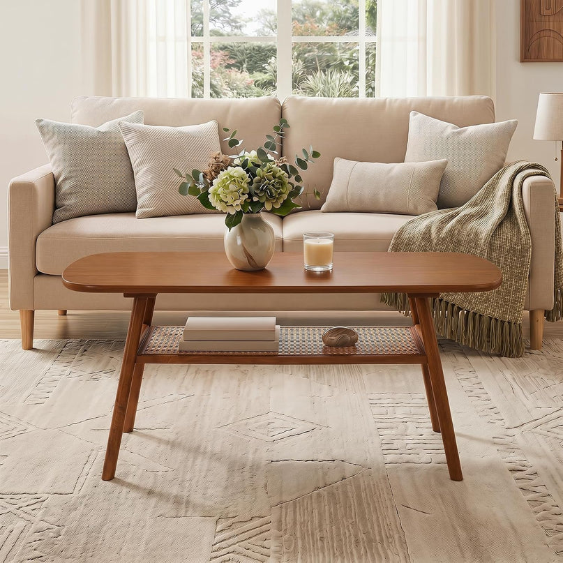 Giantex Rattan Coffee Table, 39.5" Wood Center Table with Storage & Solid Rubber Wood Legs