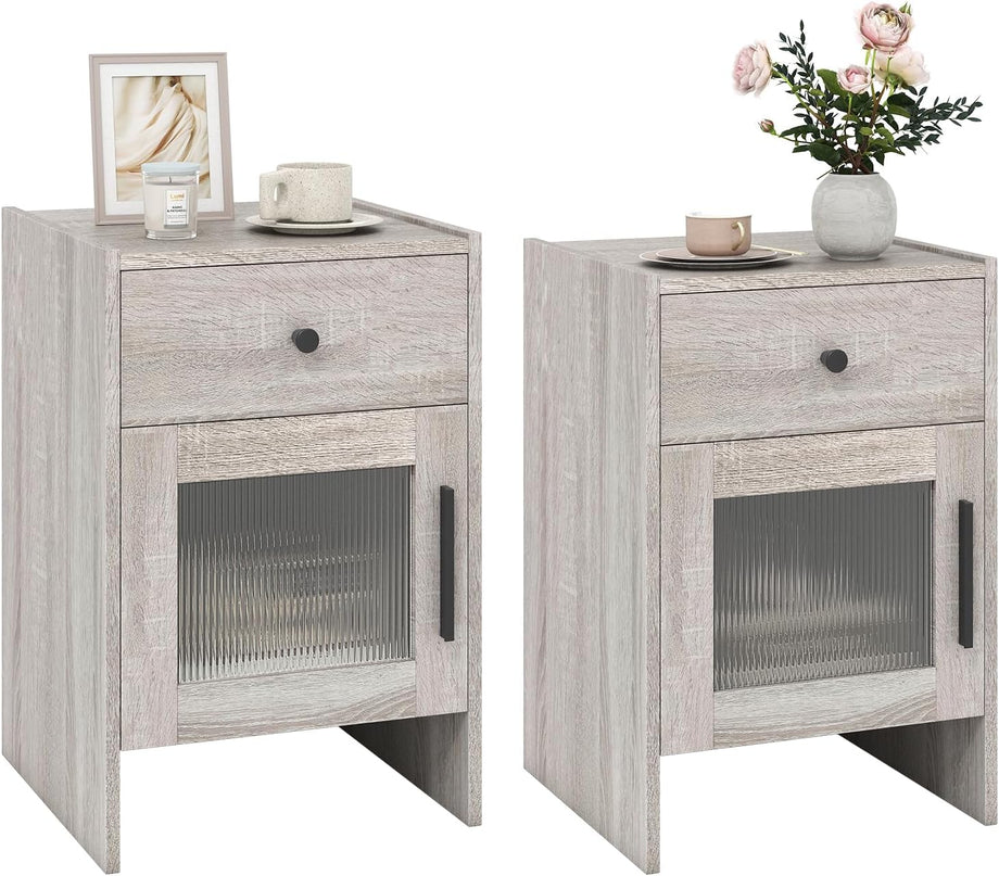 Giantex Farmhouse 16 Inch Rustic End Table with Wavy PC Door and Drawer