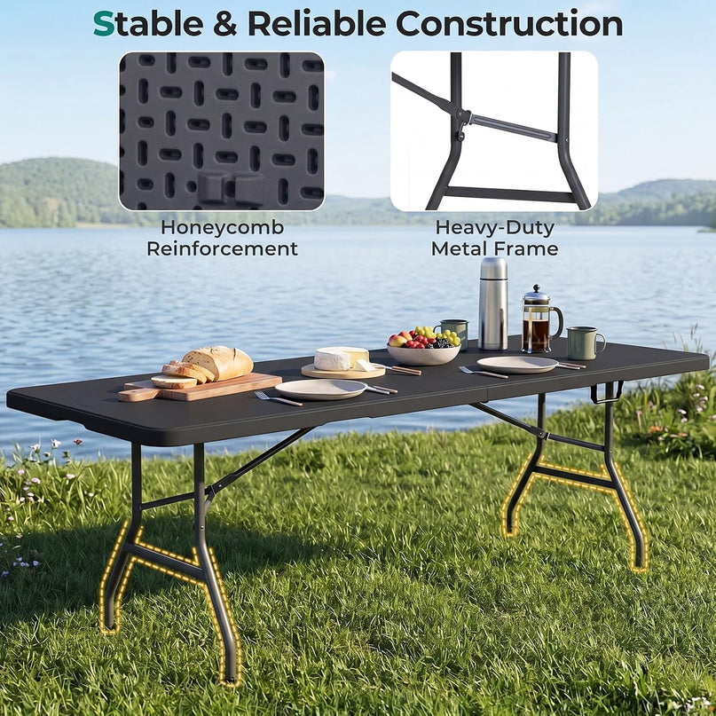 Giantex 8FT Folding Table eavy Duty Fold-in-Half Portable HDPE Plastic Table with Handle & Locks