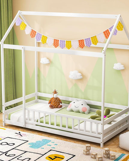 Giantex Twin Floor Bed with Fence, Wood Montessori Bed with Safety Guardrails and 80.5" High Roof Design