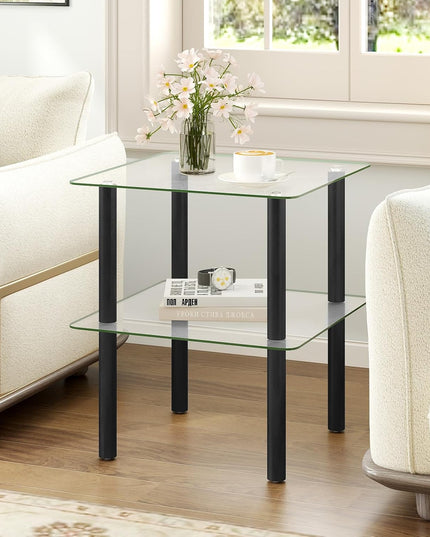 Giantex Square End Table, 2-Tier Sofa Side Table with Clear Tempered Glass Top & Shelf
