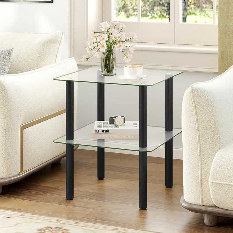 Giantex Square End Table, 2-Tier Sofa Side Table with Clear Tempered Glass Top & Shelf