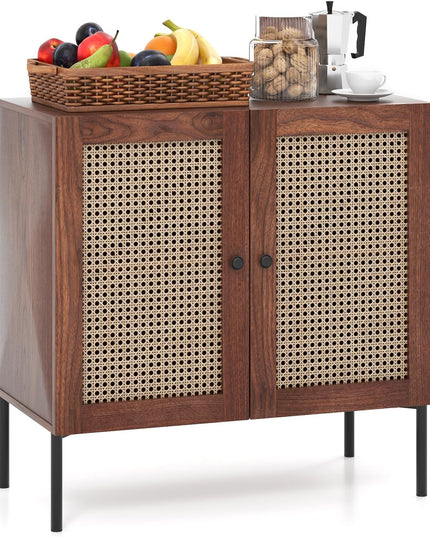 Giantex Buffet Cabinet, Wood Sideboard Storage Cabinet with Rattan Door, 3-Position Adjustable Shelf