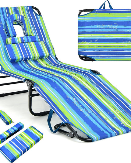 Giantex Folding Beach Tanning Chair - Adjustable Patio Lounge Chair w/Face Hole, Removable Pillows, Carry Strap