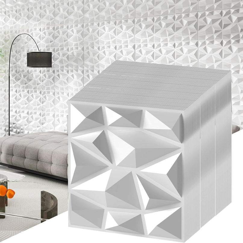 Giantex 12"x12" White PVC Decorative Wall Tiles with Diamond Pattern | 50/100 Pack 3D Wall Panels