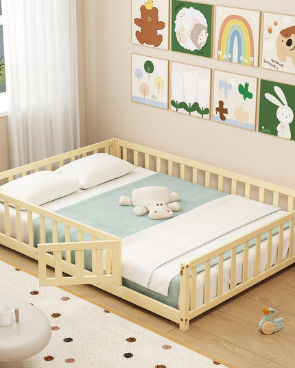 Giantex Full Size Floor Bed for Kids, Montessori Floor Bed with Wood Slats & Safety Guardrails