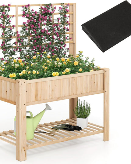 Giantex Wooden Elevated Planter Box with Legs and Drainage Holes for Climbing Plants