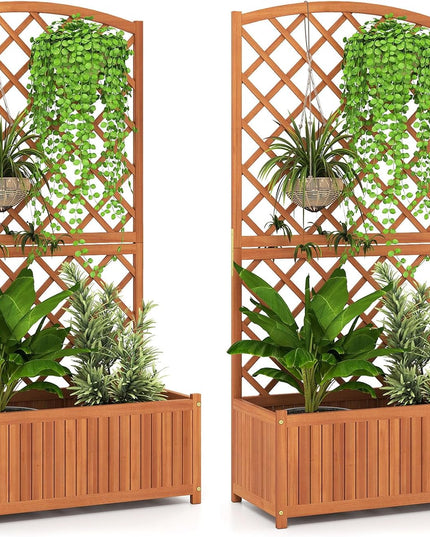 Giantex Solid Acacia Wood Planter Box with Trellis 63" Raised Garden Bed