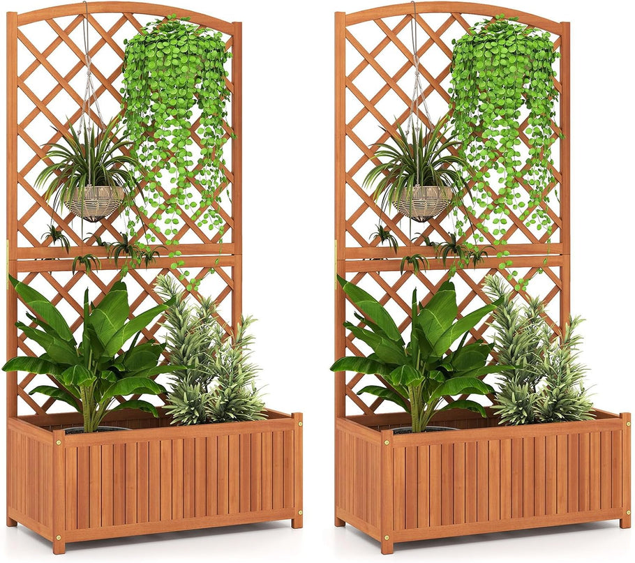 Giantex Solid Acacia Wood Planter Box with Trellis 63" Raised Garden Bed