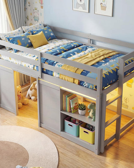 Giantex Loft Bed Twin Size with LED Lights with Under-Bed Play Space & Storage Bookcase
