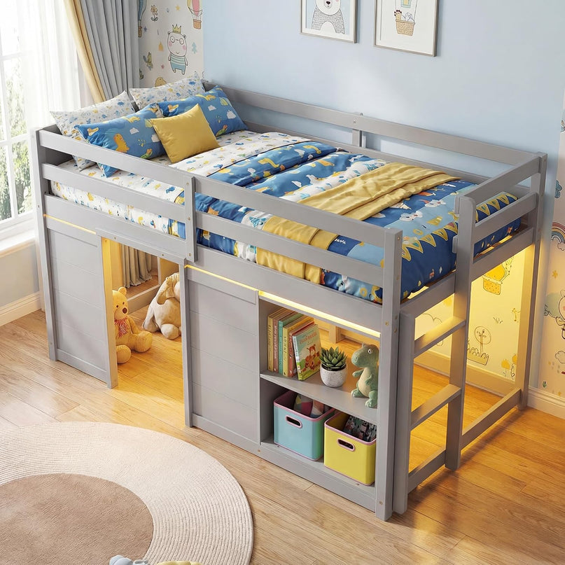 Giantex Loft Bed Twin Size with LED Lights with Under-Bed Play Space & Storage Bookcase