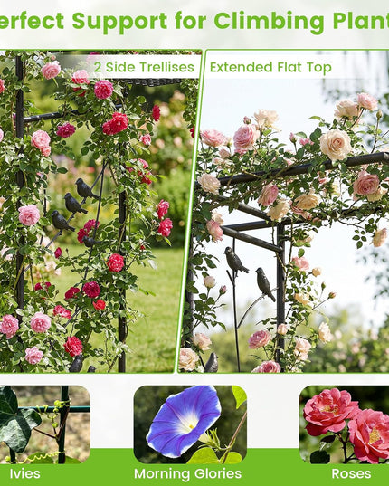 Giantex 213 cm Garden Arbor Feeding Station, Heavy-Duty Arch Trellis w/Water Bowl, Mesh Tray, Suet Feeder & Hanging Kit for Attracting Wild Birds & Supporting Climbing Plants, Tall Outdoor Archway