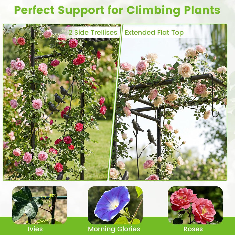Giantex 213 cm Garden Arbor Feeding Station, Heavy-Duty Arch Trellis w/Water Bowl, Mesh Tray, Suet Feeder & Hanging Kit for Attracting Wild Birds & Supporting Climbing Plants, Tall Outdoor Archway