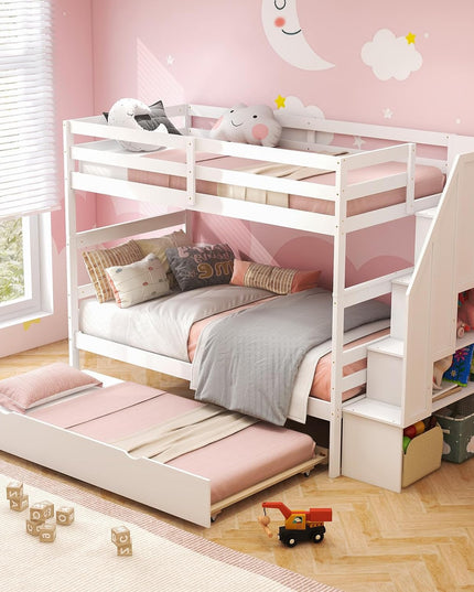 Giantex Twin Over Twin Bunk Bed with Trundle and Storage Stairs, Solid Wood Bunk Bed Convertible 3 Bed Frames for Bedroom