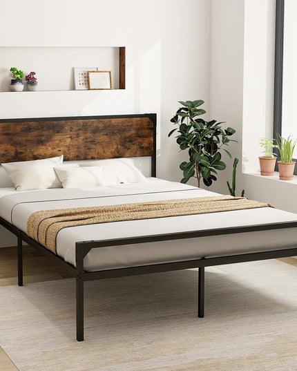 Giantex Full Size Bed Frame with Rustic Headboard & Footboard, Strong Metal Slat Support Mattress Foundation