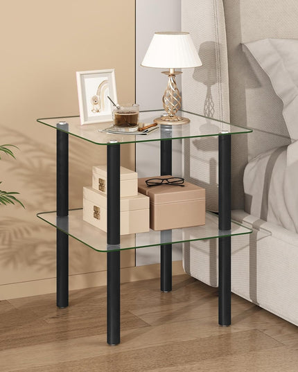Giantex Square End Table, 2-Tier Sofa Side Table with Clear Tempered Glass Top & Shelf