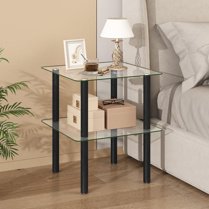 Giantex Square End Table, 2-Tier Sofa Side Table with Clear Tempered Glass Top & Shelf