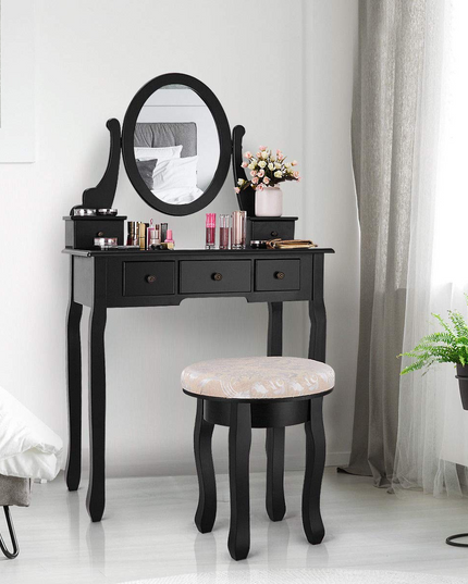 Giantex  Round 360 Degree Rotation Swivel Mirror Dressing Table Stool Wooden Vanity Set (Black with 5 Drawer)