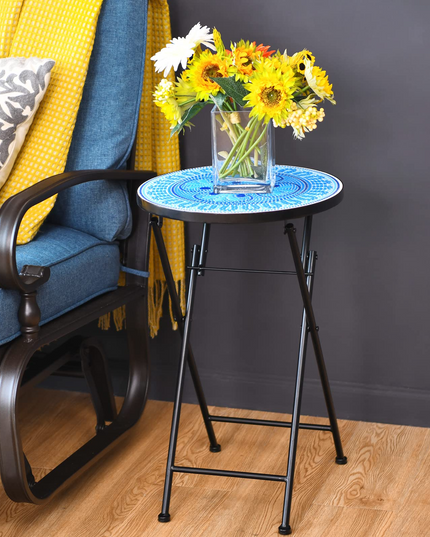 Giantex Folding Mosaic Patio Table, 14'' Outdoor Side Table Round Accent Table Plant Stand with Ceramic Tile Top
