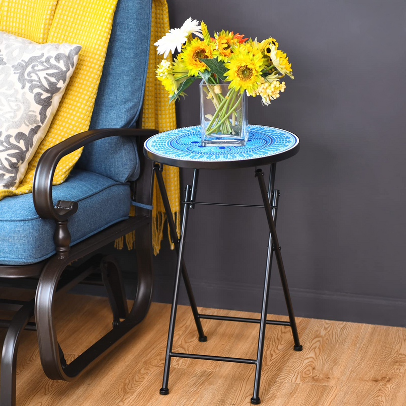 Giantex Folding Mosaic Patio Table, 14'' Outdoor Side Table Round Accent Table Plant Stand with Ceramic Tile Top
